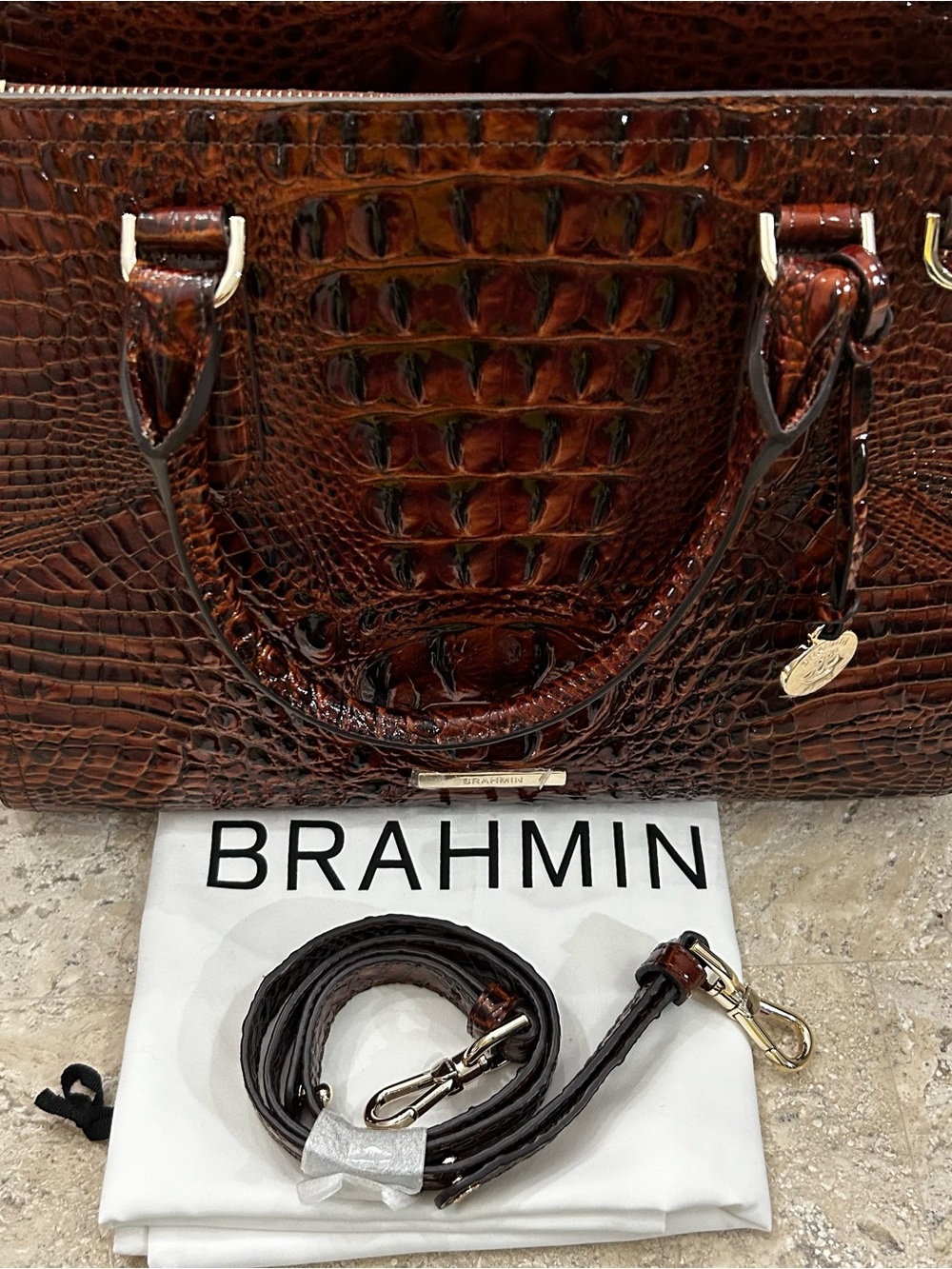 NWT Brahmin Small Finley Melbourne Pecan Croc Satchel Handbag w Dustbag $385 - Picture 7 of 9
